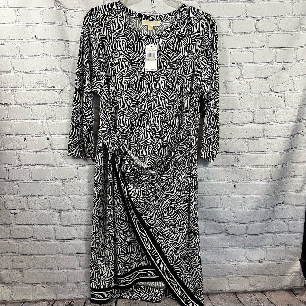 Michael Kors Zebra Print Asymmetrical Midi Dress 3/4 Sleeve Black & White 1X NWT